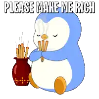 a penguin holding sticks in front of a vase with the words please make me rich