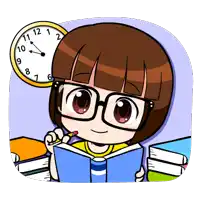 a cartoon of a girl reading a book with a clock behind her showing the time as 4:20