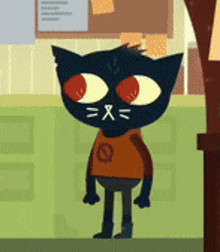 a cartoon cat with big red eyes is wearing an orange shirt with the letter o on it .