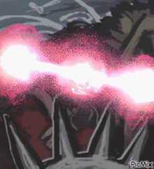 a pixel art of a person 's face with a pink light coming out of it and the word picmix at the bottom