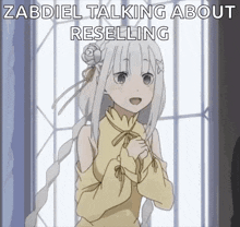 a cartoon of a girl with long white hair talking about reselling