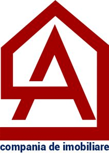 the logo for compania de imobiliare is a red house with the letter a inside of it .