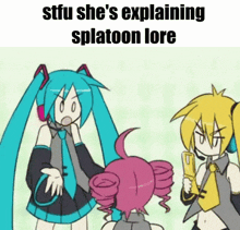 a group of cartoon characters are standing next to each other and talking about splatoon lore .