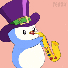 a penguin wearing a top hat and playing a saxophone