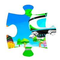 a puzzle piece with a picture of a robot and trees