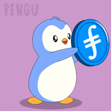 a penguin is holding a blue coin with a white letter f on it