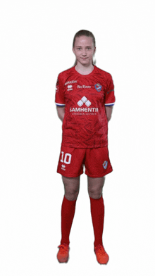a girl wearing a red shirt that says samhentir