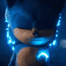 a close up of a sonic the hedgehog 's face with glowing lights around his neck .