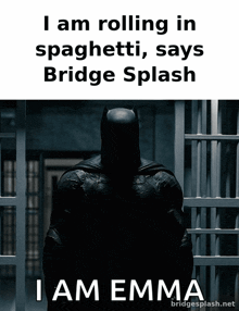 a picture of batman in a jail cell with the caption i am rolling in spaghetti says bridge splash