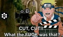a cartoon of naruto pointing at a clapper board