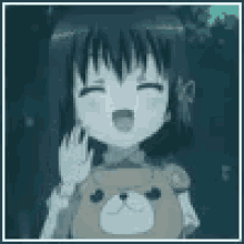 a girl is holding a teddy bear and smiling in a frame .