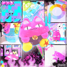 a collage of colorful images with a pink cat in the middle