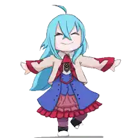 a cartoon of a girl with long blue hair and a red skirt