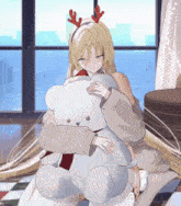 a girl with antlers on her head holds a teddy bear