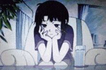 a cartoon of a girl sitting at a table with her hand on her chin