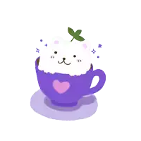 a cartoon drawing of a bear in a purple cup with a pink heart