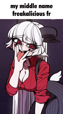 a cartoon of a girl with her tongue sticking out and the words " my middle name freakalicious fr "