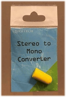 a package of stereo to mono converter with a yellow ear plug