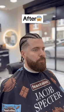 a man with braids and a beard is wearing a jacob specter shirt