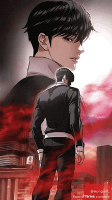 a man in a black suit is standing in front of a building with a red smoke coming out of it