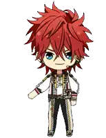 a cartoon character with red hair and blue eyes is wearing a white shirt and black pants