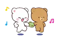 a couple of teddy bears are dancing together and one of them is holding a frog .