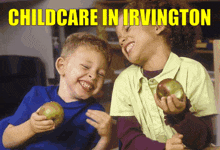 a poster for childcare in irvington shows two children laughing and holding apples