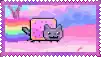 a pixel art of a cat eating a toaster pastry with a rainbow behind it .