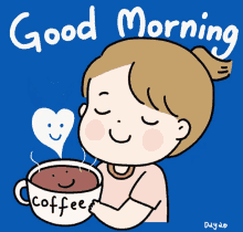 a cartoon of a girl holding a cup of coffee that says good morning on it