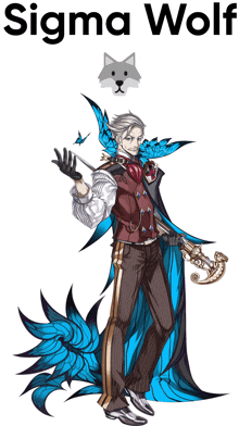 a man in a suit and cape is standing next to a wolf and the words sigma wolf