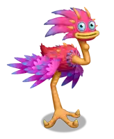 a cartoon ostrich with pink and purple feathers and yellow legs
