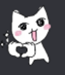 a white cat with pink cheeks is making a heart with its hands .