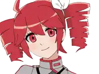 a drawing of a girl with red hair and a white bow on her head with the letters eeei on her chest