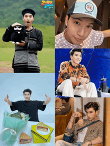 a collage of photos of a young man with a hat that says audi