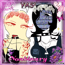 a picture of a girl with flowers on her head and the words " nonbinary " on the bottom right