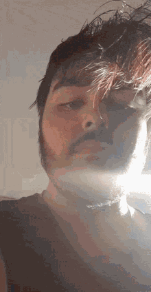 a close up of a man 's face with a beard