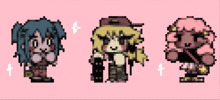 three pixel art characters on a pink background with one wearing a baseball cap