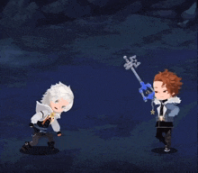 two cartoon characters standing next to each other with one holding a sword