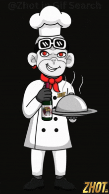 a cartoon of a chef holding a tray and a bottle of zhot