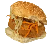 a close up of a sandwich with carrots and cabbage on a sesame seed bun