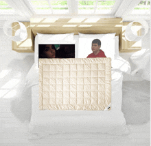 a bed with a picture of a man and woman on it