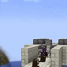 a video game scene with a blue sky and a purple monster