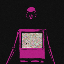 a drawing of a skeleton holding a pink box with a purple screen