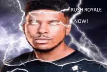 a man with lightning coming out of his head and the words rush royale now