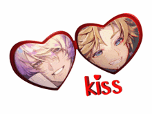 a couple of heart shaped mirrors with the word kiss on the bottom