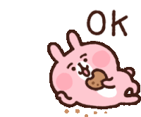 a pink rabbit is laying on its back eating a cookie and the word ok is written above it .