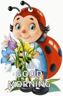 a cartoon ladybug is holding a bouquet of flowers and says good morning .