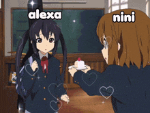 a cartoon of a girl giving a cake to another girl with the words alexa and nini on the bottom
