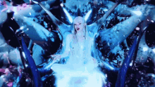 a woman with long white hair is surrounded by blue and pink lights .