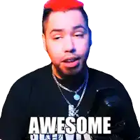 a man with red hair wears a black shirt that says awesome
